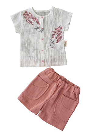 Miniğimin Cicileri Yeşil Kız Bebek Dal Nakışlı Müslin Kumaş Şortlu Takım - Gül Kurusu