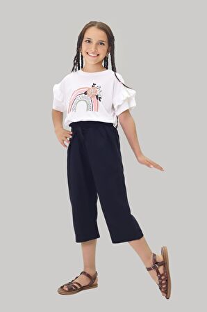 Miniğimin Cicileri Kapri Çiçekli Gabardin Pantolonlu Kız Çocuk Takım - Siyah