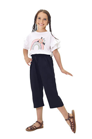 Miniğimin Cicileri Kapri Çiçekli Gabardin Pantolonlu Kız Çocuk Takım - Siyah