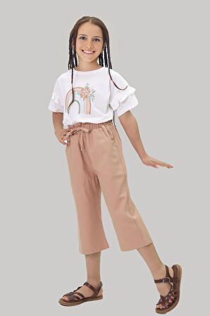 Miniğimin Cicileri Kapri Çiçekli Gabardin Pantolonlu Kız Çocuk Takım - Gül Kurusu