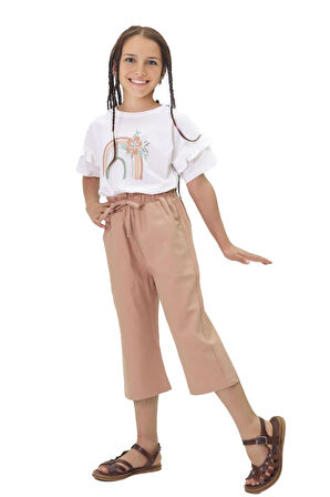 Miniğimin Cicileri Kapri Çiçekli Gabardin Pantolonlu Kız Çocuk Takım - Gül Kurusu