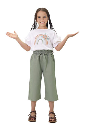 Miniğimin Cicileri Kapri Çiçekli Gabardin Pantolonlu Kız Çocuk Takım - Yeşil