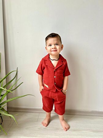 Miniğimin Cicileri Müslin Ceket Yaka Pamuklu Şortlu Erkek Çocuk Takım - Bordo