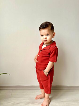 Miniğimin Cicileri Müslin Ceket Yaka Pamuklu Şortlu Erkek Çocuk Takım - Bordo