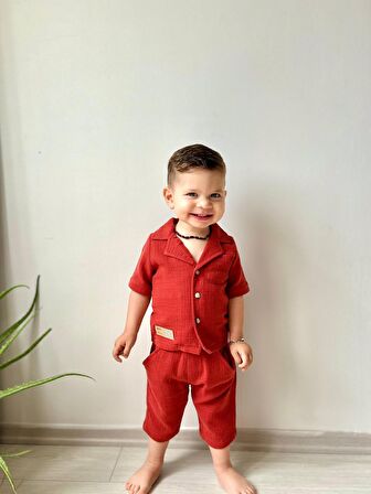 Miniğimin Cicileri Müslin Ceket Yaka Pamuklu Şortlu Erkek Çocuk Takım - Bordo