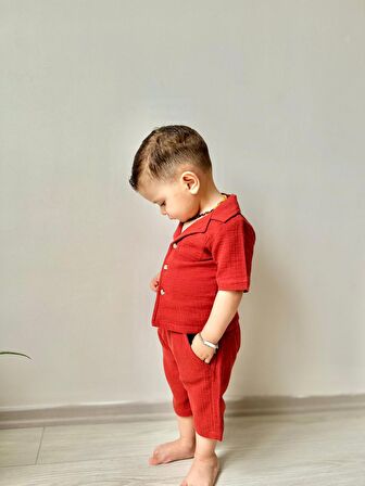 Miniğimin Cicileri Müslin Ceket Yaka Pamuklu Şortlu Erkek Çocuk Takım - Bordo