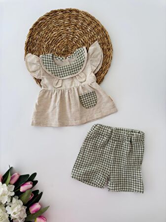 Miniğimin Cicileri Pötikare Şortlu Sevimli Bebek 2 li Takım - Yeşil