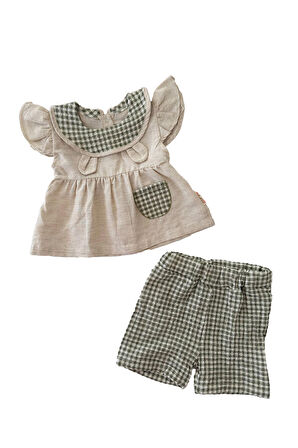 Miniğimin Cicileri Pötikare Şortlu Sevimli Bebek 2 li Takım - Yeşil