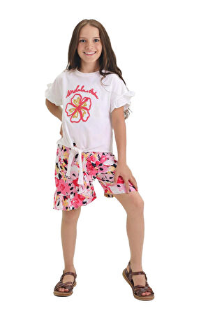 Miniğimin Cicileri Çiçek Nakış Desenli Bağlamalı Şortlu Kız Çocuk Şortlu Takım - Kırmızı