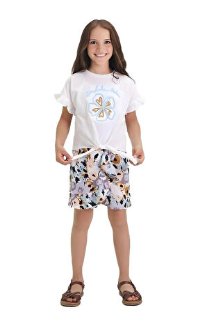 Miniğimin Cicileri Çiçek Nakış Desenli Bağlamalı Şortlu Kız Çocuk Şortlu Takım - Mavi