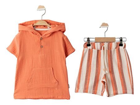 Miniğimin Cicileri Çizgili Kanguru Cepli Pamuklu Erkek Çocuk 2 li Takım - Turuncu