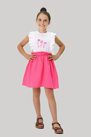 Miniğimin Cicileri Papatya Nakışlı Müslin Etekli Takım - Fuşya