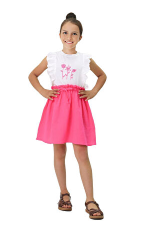 Miniğimin Cicileri Papatya Nakışlı Müslin Etekli Takım - Fuşya