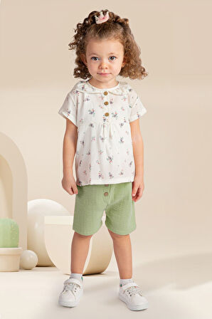 Miniğimin Cicileri Minik Çiçek Desenli Kız Bebek Müslin Takım - Yeşil