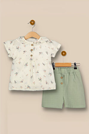 Miniğimin Cicileri Minik Çiçek Desenli Kız Bebek Müslin Takım - Yeşil