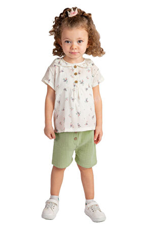 Miniğimin Cicileri Minik Çiçek Desenli Kız Bebek Müslin Takım - Yeşil