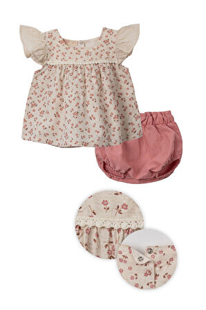 Miniğimin Cicileri Çiçek Desenli Fistolu Kız Bebek Takım - Gül Kurusu