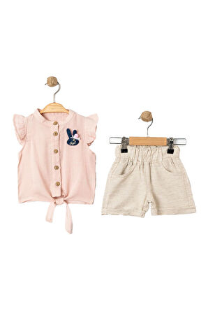 Miniğimin Cicileri Angels Bağlamalı Kız Çocuk Şortlu Takım - Pudra