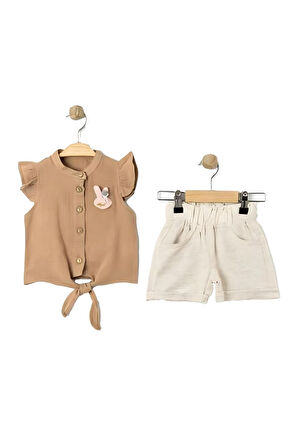 Miniğimin Cicileri Angels Bağlamalı Kız Çocuk Şortlu Takım - Kahve