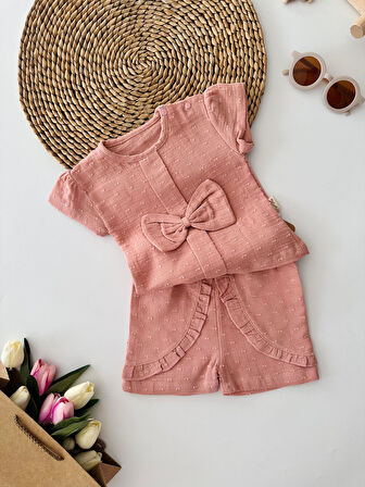 Miniğimin Cicileri Baby Kumaş Fiyonklu Fırfırlı Kız Takım - Gül Kurusu