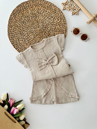 Miniğimin Cicileri Baby Kumaş Fiyonklu Fırfırlı Kız Takım - Bej