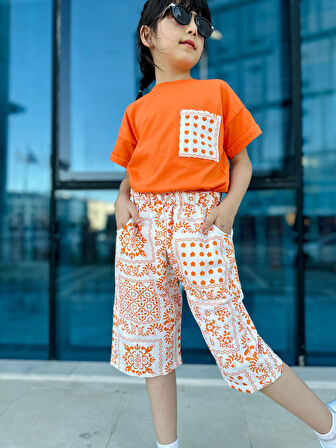 Miniğimin Cicileri Etnik Desen Cepli Keten Pamuklu Kız Çocuk 2 li Takım - Turuncu