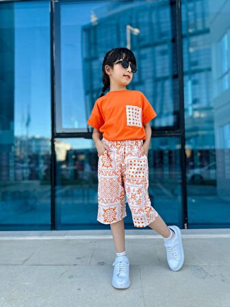 Miniğimin Cicileri Etnik Desen Cepli Keten Pamuklu Kız Çocuk 2 li Takım - Turuncu