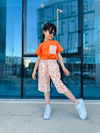 Miniğimin Cicileri Etnik Desen Cepli Keten Pamuklu Kız Çocuk 2 li Takım - Turuncu