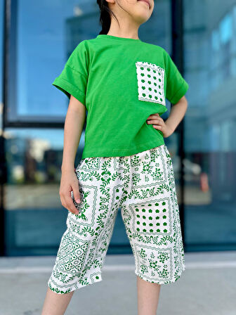 Miniğimin Cicileri Etnik Desen Cepli Keten Pamuklu Kız Çocuk 2 li Takım - Yeşil