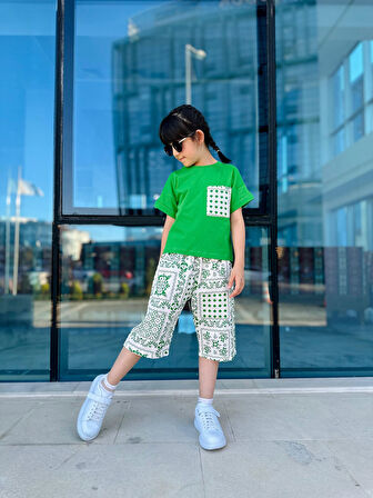 Miniğimin Cicileri Etnik Desen Cepli Keten Pamuklu Kız Çocuk 2 li Takım - Yeşil