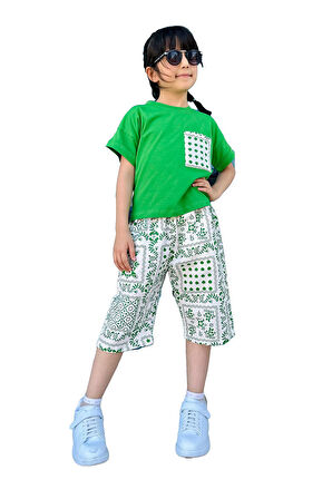 Miniğimin Cicileri Etnik Desen Cepli Keten Pamuklu Kız Çocuk 2 li Takım - Yeşil