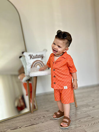 Miniğimin Cicileri Müslin Baklava Desen Düğmeli Şortlu Erkek Çocuk  2 li Takım - Oranj