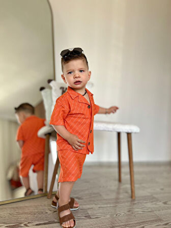 Miniğimin Cicileri Müslin Baklava Desen Düğmeli Şortlu Erkek Çocuk  2 li Takım - Oranj