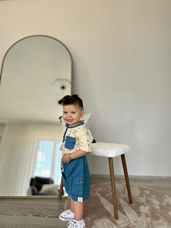Miniğimin Cicileri Müslin Etnik Desen Cep Detaylı Tshirt Şortlu Erkek 2 li Takım - İndigo