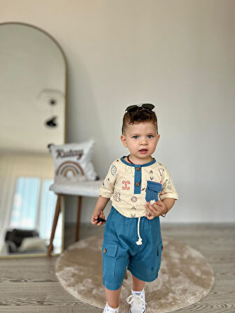 Miniğimin Cicileri Müslin Etnik Desen Cep Detaylı Tshirt Şortlu Erkek Çocuk  2 li Takım - İndigo