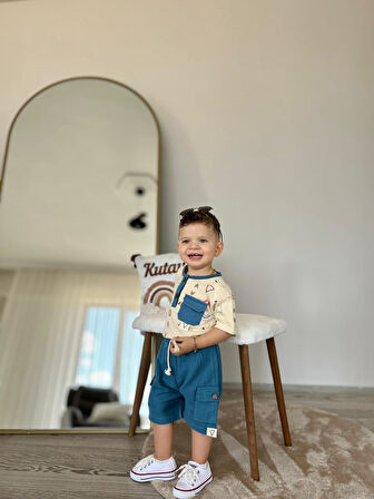 Miniğimin Cicileri Müslin Etnik Desen Cep Detaylı Tshirt Şortlu Erkek Çocuk  2 li Takım - İndigo