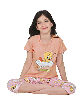 Miniğimin Cicileri Twty Desenli Kapri Kız Çocuk Pijama Takımı - Mercan