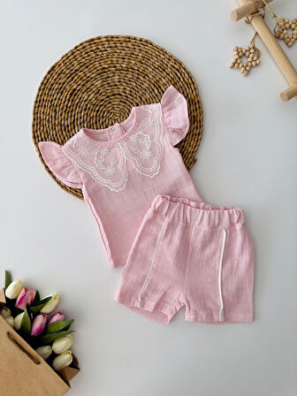 Miniğimin Cicileri Güpür Yaka Detaylı Müslin Kız Bebek Takım - Pembe