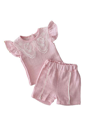 Miniğimin Cicileri Güpür Yaka Detaylı Müslin Kız Bebek Takım - Pembe