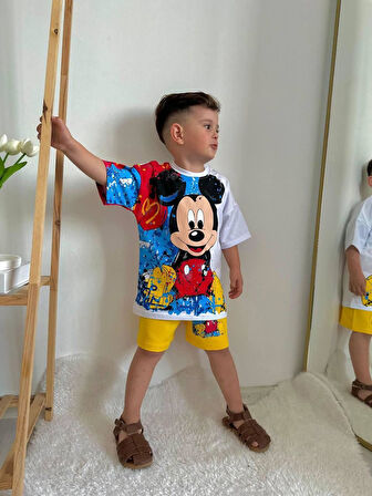 Mcky Boya Desen Yazlık Erkek Çocuk 2 li Takım - Beyaz