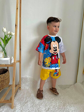 Mcky Boya Desen Yazlık Erkek Çocuk 2 li Takım - Beyaz