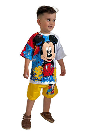 Mcky Boya Desen Yazlık Erkek Çocuk 2 li Takım - Beyaz