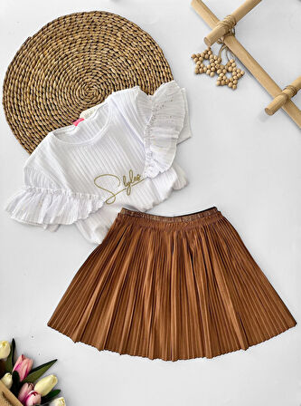 Miniğimin Cicileri Style Tüllü Kısa Kol Süet Etekli Kız Çocuk Takım - Kahverengi