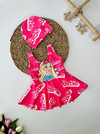 Miniğimin Cicileri Brb Desenli Etekli Kız Çocuk Mayo Bone Takımı - Pembe