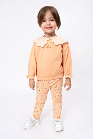 Miniğimin Cicileri Fırfırlı Yaka ve Çiçek Desenli Konforlu Kız Bebek Takımı - Somon