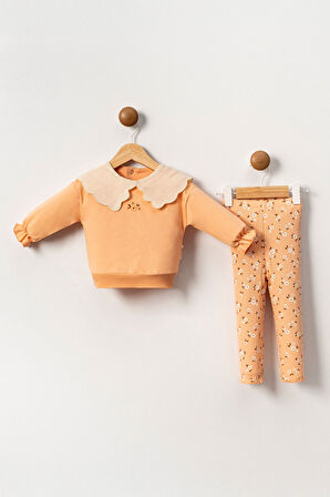 Miniğimin Cicileri Fırfırlı Yaka ve Çiçek Desenli Konforlu Kız Bebek Takımı - Somon