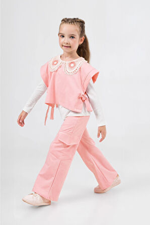 Miniğimin Cicileri Yaka Dantel detaylı Bağlamalı 3 lü Cepli Kız Çocuk Takım - Somon