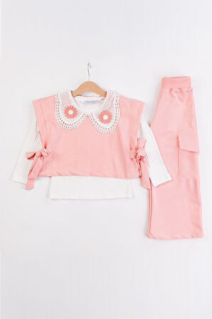 Miniğimin Cicileri Yaka Dantel detaylı Bağlamalı 3 lü Cepli Kız Çocuk Takım - Somon