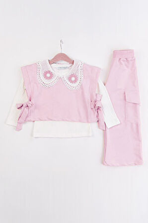 Miniğimin Cicileri Yaka Dantel detaylı Bağlamalı 3 lü Cepli Kız Çocuk Takım - Pembe