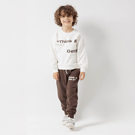 İki İplik Fırçalı Özel Kumaş Thınk & Get Baskılı 2 li Takım - Kahverengi